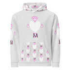 White Daemon Luxury Frosted Hearts unisex hoodie with all-over-print recycled fabric and heart pattern on the front.
