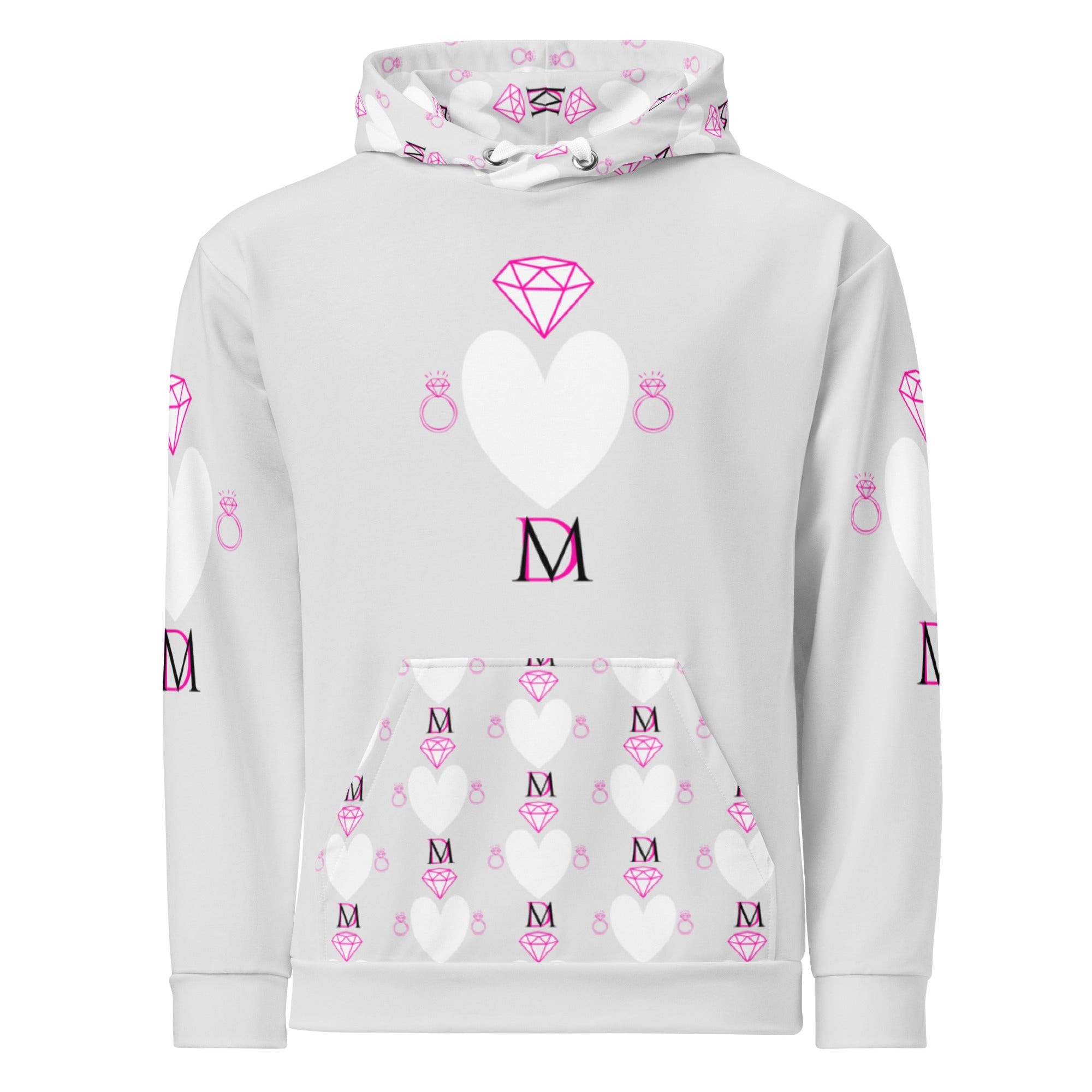 White Daemon Luxury Frosted Hearts unisex hoodie with all-over-print recycled fabric and heart pattern on the front.