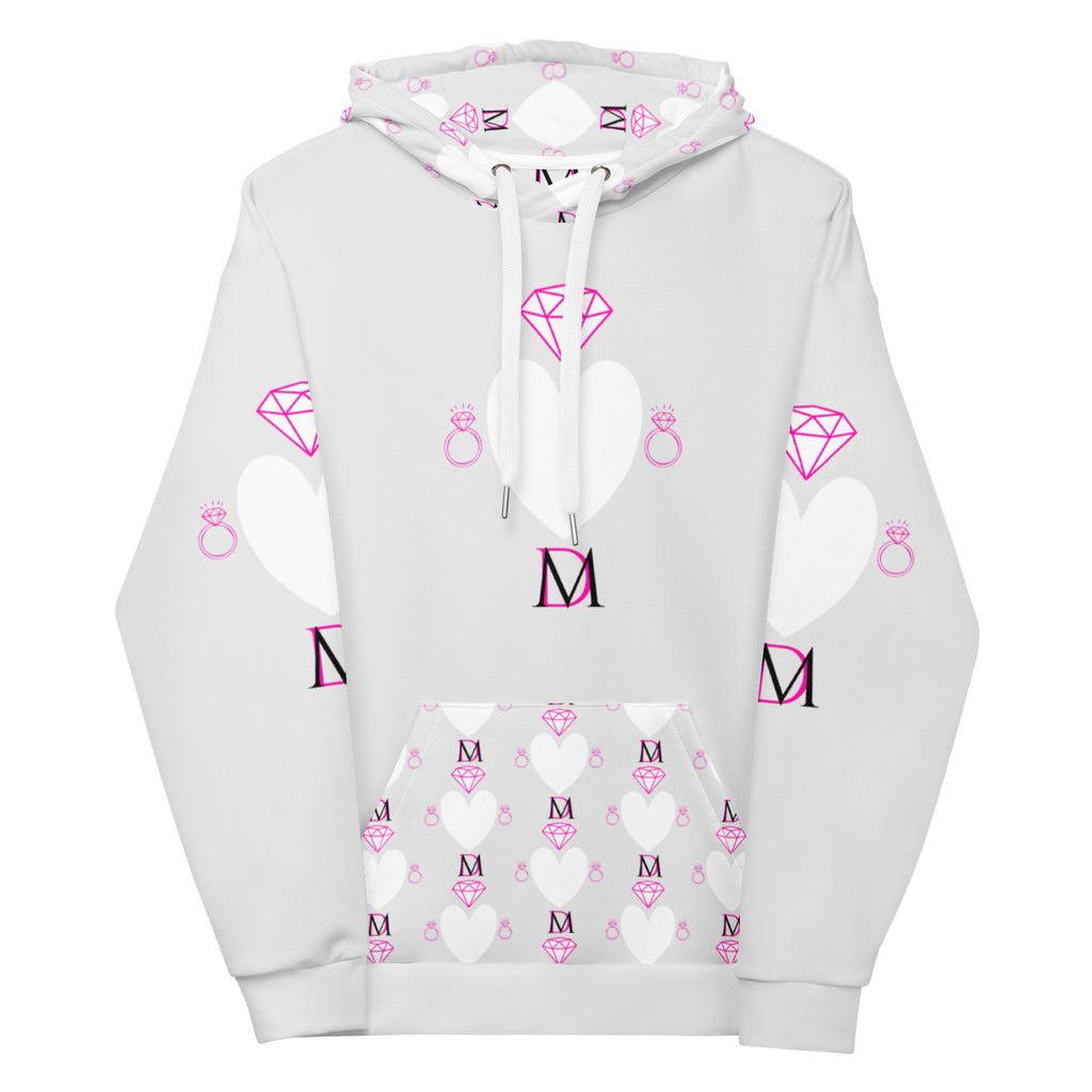 White Daemon Luxury Frosted Hearts unisex hoodie with all-over recycled print featuring heart designs and a cozy hood.