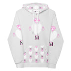 White Daemon Luxury Frosted Hearts unisex hoodie with all-over recycled print featuring heart designs and a cozy hood.