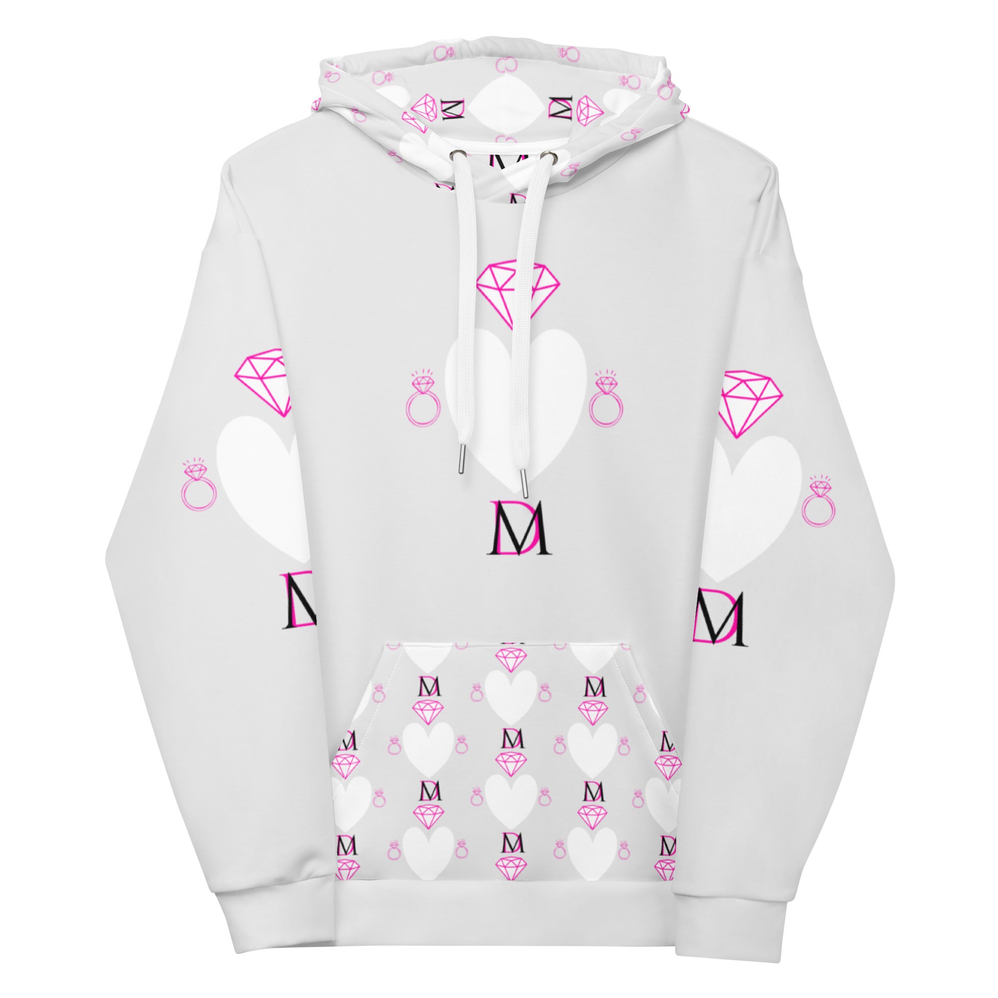White Daemon Luxury Frosted Hearts unisex hoodie with all-over recycled print featuring heart designs and a cozy hood.
