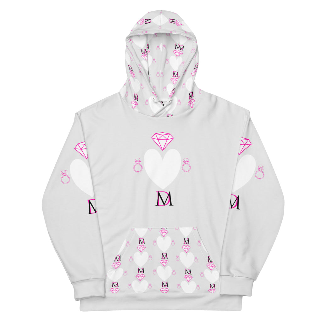 Unisex white hoodie with all-over frosted heart print from Daemon Luxury, featuring a front view of the recycled fabric design.