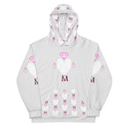 Unisex white hoodie with all-over frosted heart print from Daemon Luxury, featuring a front view of the recycled fabric design.