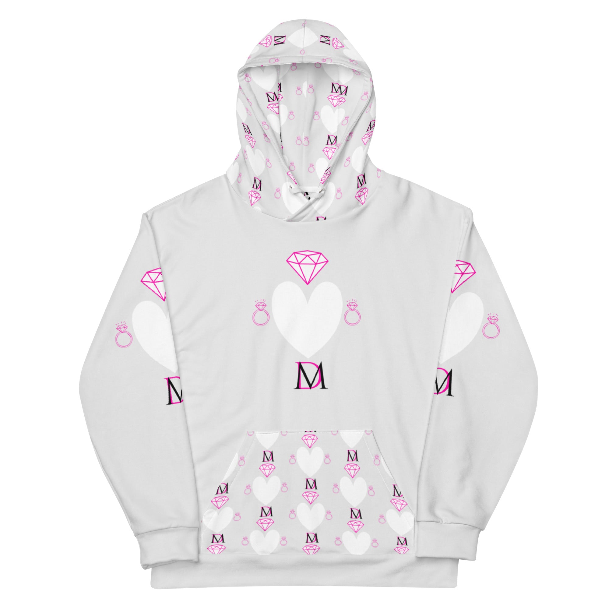 Unisex white hoodie with all-over frosted heart print from Daemon Luxury, featuring a front view of the recycled fabric design.