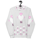 White Daemon Luxury Frosted Hearts unisex hoodie with all-over recycled print featuring heart designs and a cozy hood.