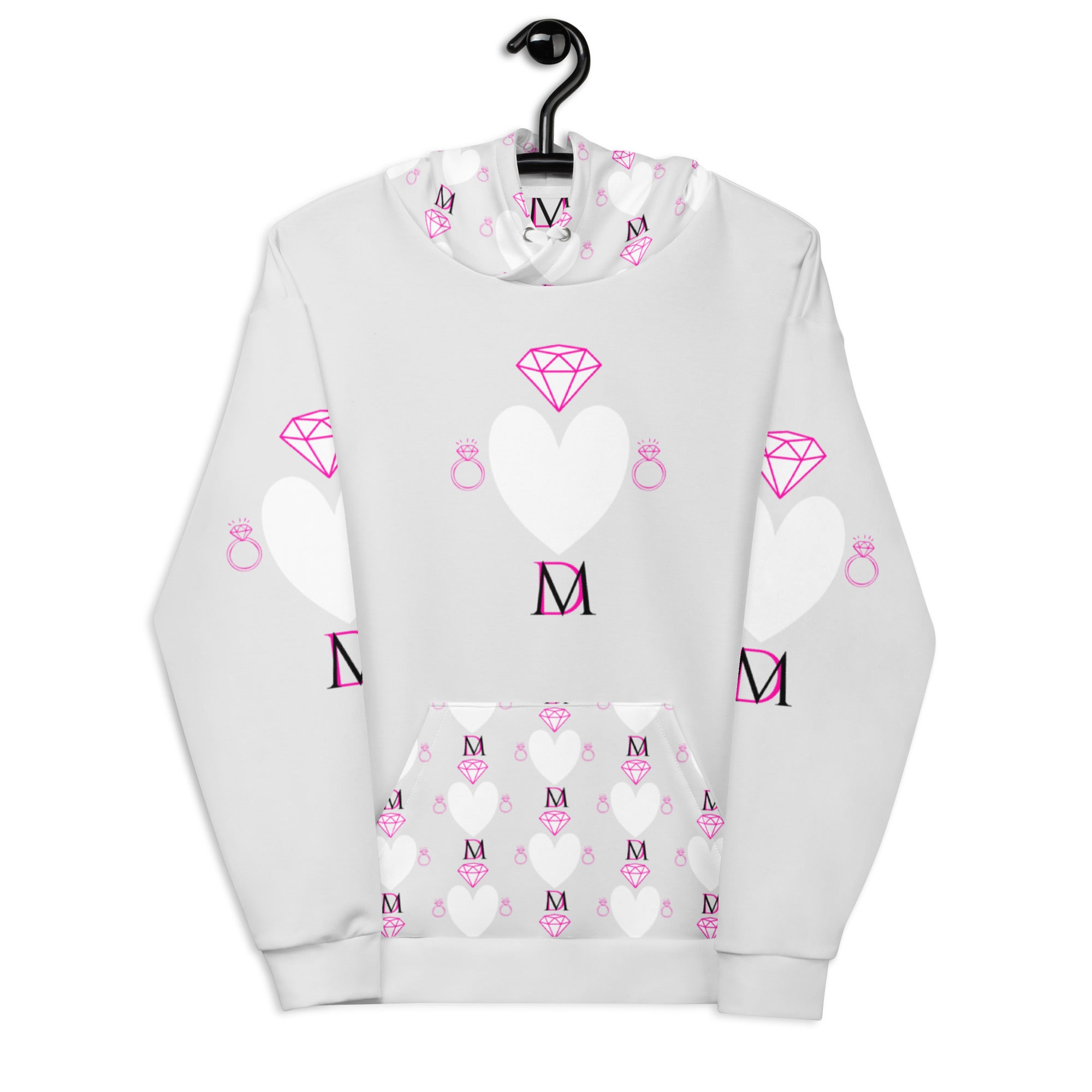 White Daemon Luxury Frosted Hearts unisex hoodie with all-over recycled print featuring heart designs and a cozy hood.