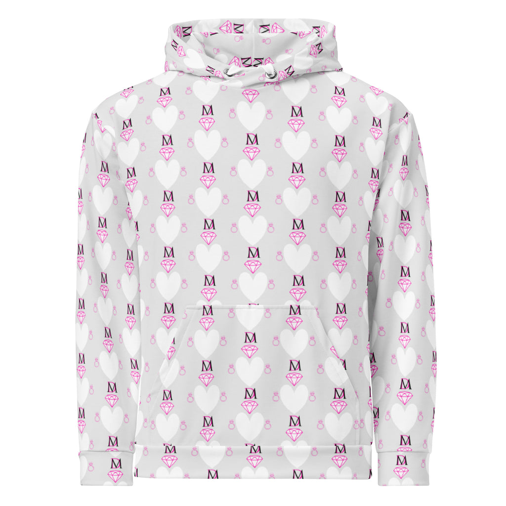 Recycled white unisex hoodie with all-over frosted hearts print by Daemon Luxury, featuring a front view of the hood and design.
