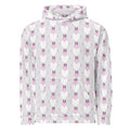 Recycled white unisex hoodie with all-over frosted hearts print by Daemon Luxury, featuring a front view of the hood and design.