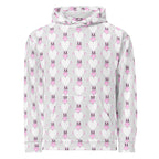 Recycled white unisex hoodie with all-over frosted hearts print by Daemon Luxury, featuring a front view of the hood and design.