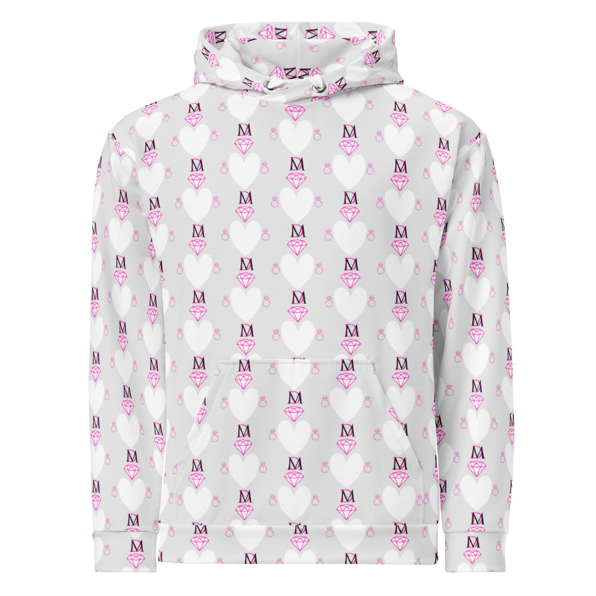 Recycled white unisex hoodie with all-over frosted hearts print by Daemon Luxury, featuring a front view of the hood and design.