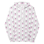 Recycled white unisex hoodie featuring all-over print of frosted hearts design by Daemon Luxury.