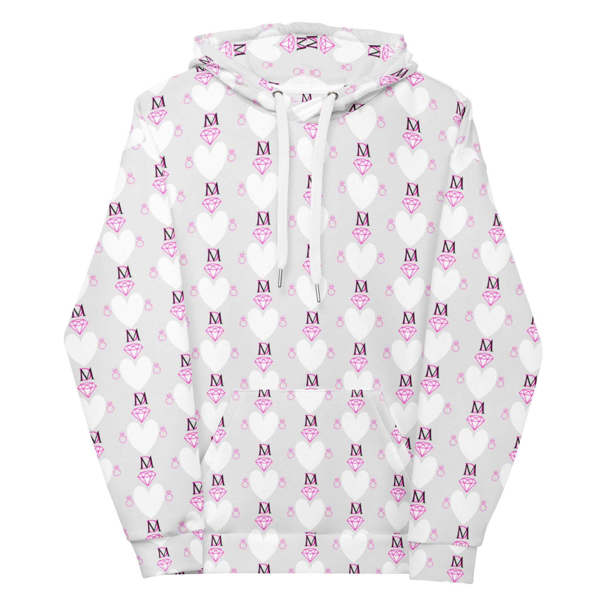 Recycled white unisex hoodie featuring all-over print of frosted hearts design by Daemon Luxury.