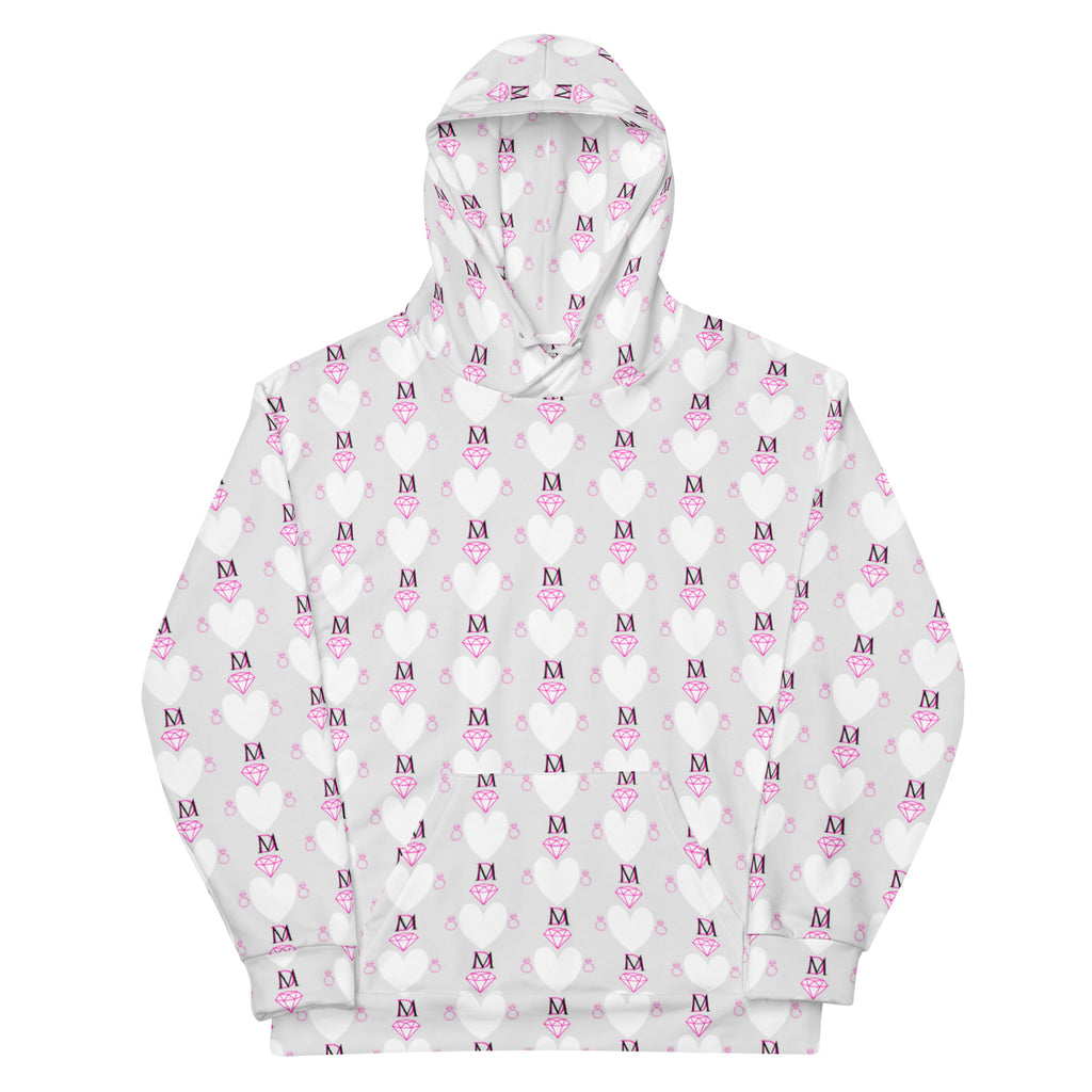 Unisex white hoodie with all-over frosted hearts print by Daemon Luxury, featuring a front view of the recycled artful design.
