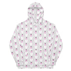 Unisex white hoodie with all-over frosted hearts print by Daemon Luxury, featuring a front view of the recycled artful design.