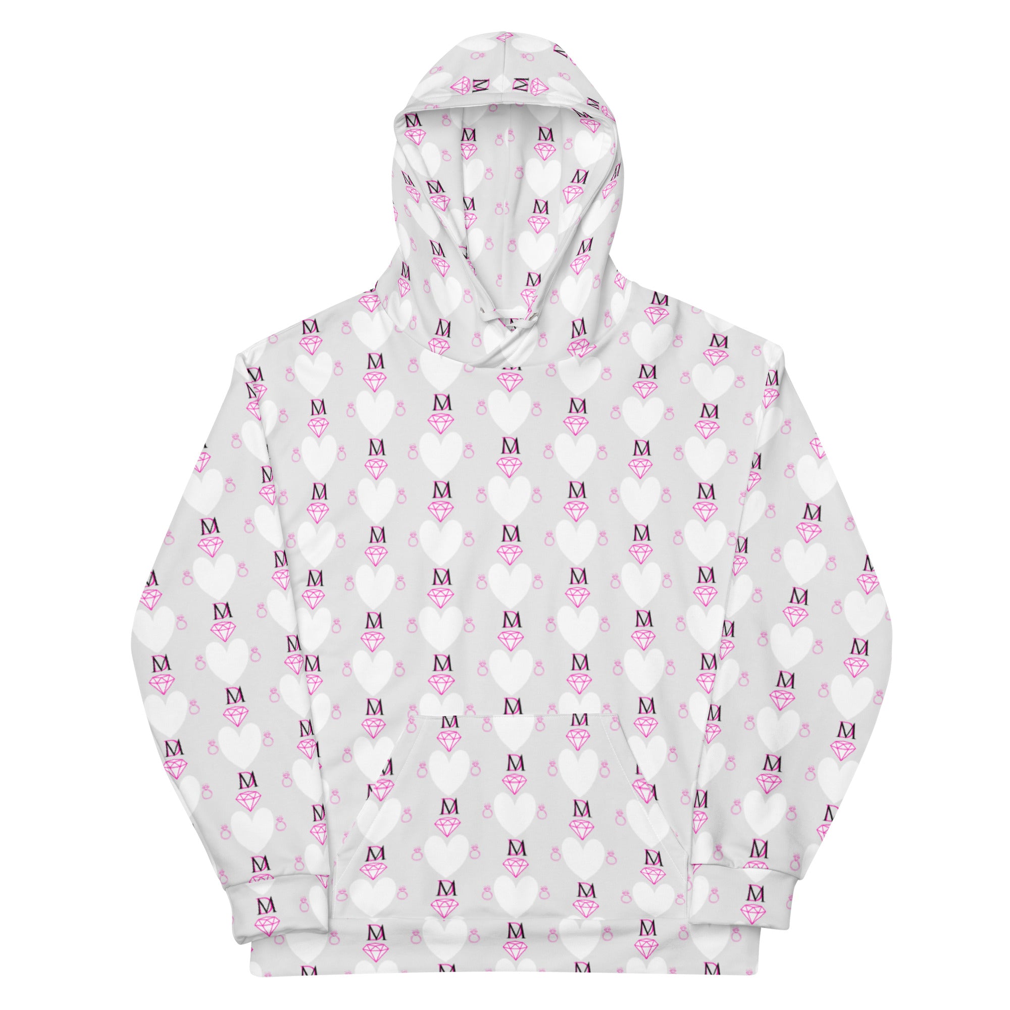 Unisex white hoodie with all-over frosted hearts print by Daemon Luxury, featuring a front view of the recycled artful design.