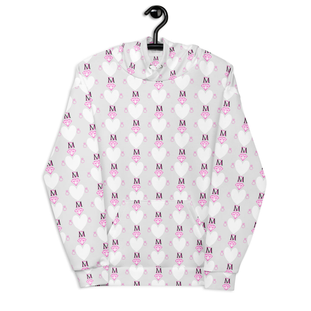 Recycled white unisex hoodie with all-over frosted hearts print from Daemon Luxury Arctic Spade collection.