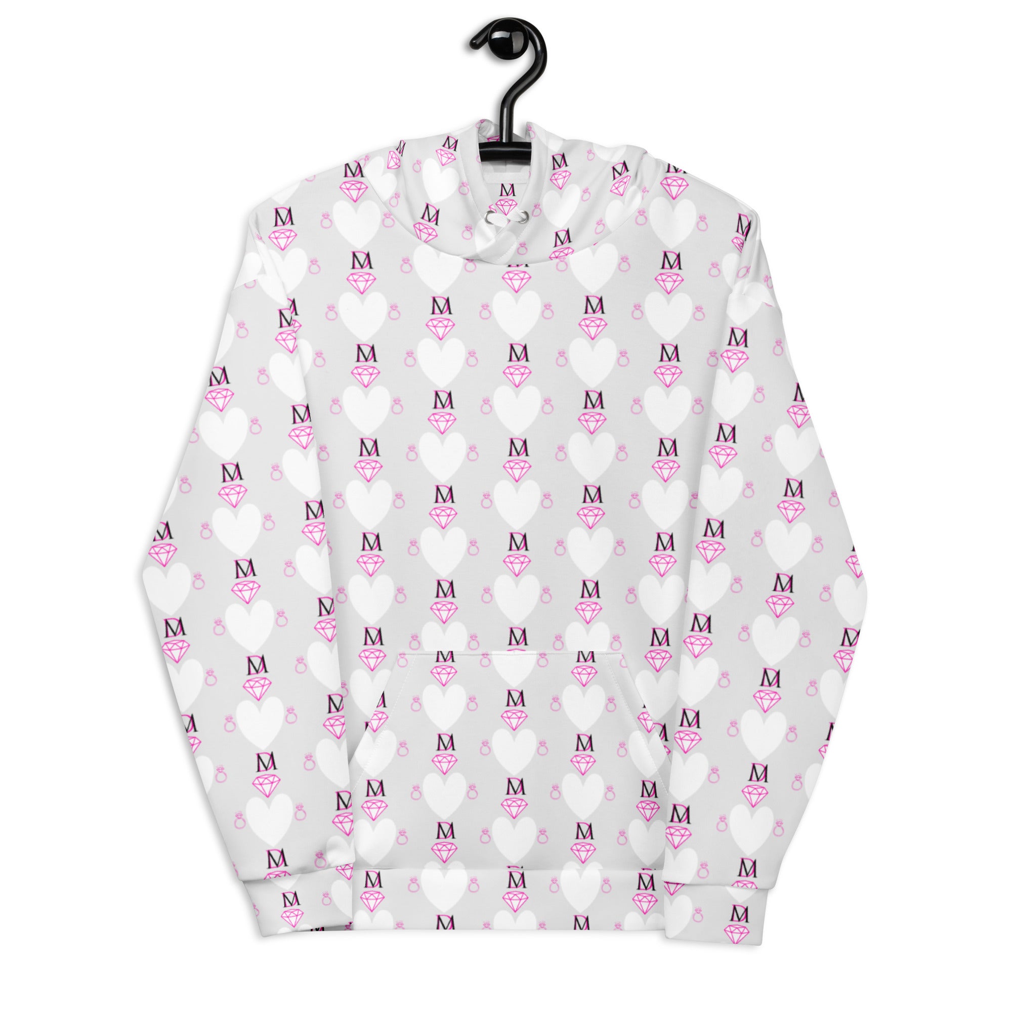 Recycled white unisex hoodie with all-over frosted hearts print from Daemon Luxury Arctic Spade collection.