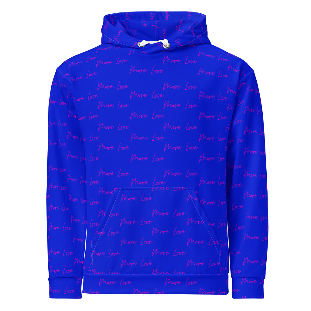 Recycled white unisex hoodie with all-over electric signature move print by Daemon Luxury, featuring a hood and front design.