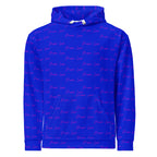 Recycled white unisex hoodie with all-over electric signature move print by Daemon Luxury, featuring a hood and front design.