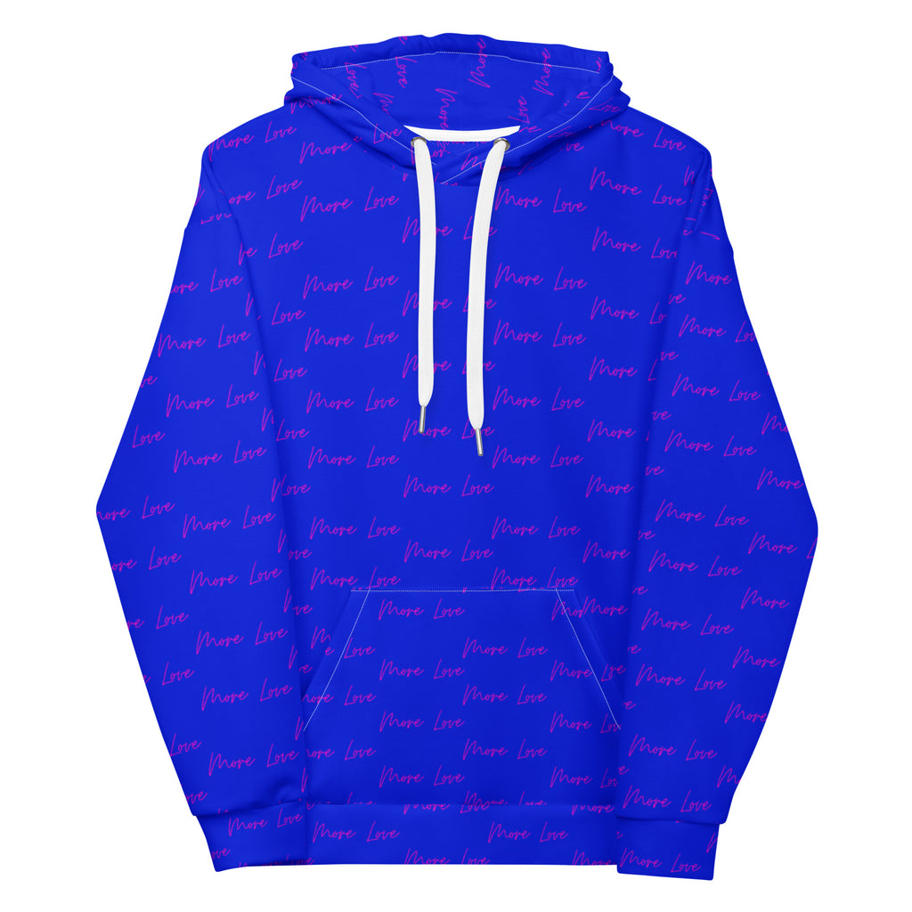 White Daemon Luxury ELECTRICA Felpa Cappuccio hoodie with all-over recycled print, unisex style, front view.