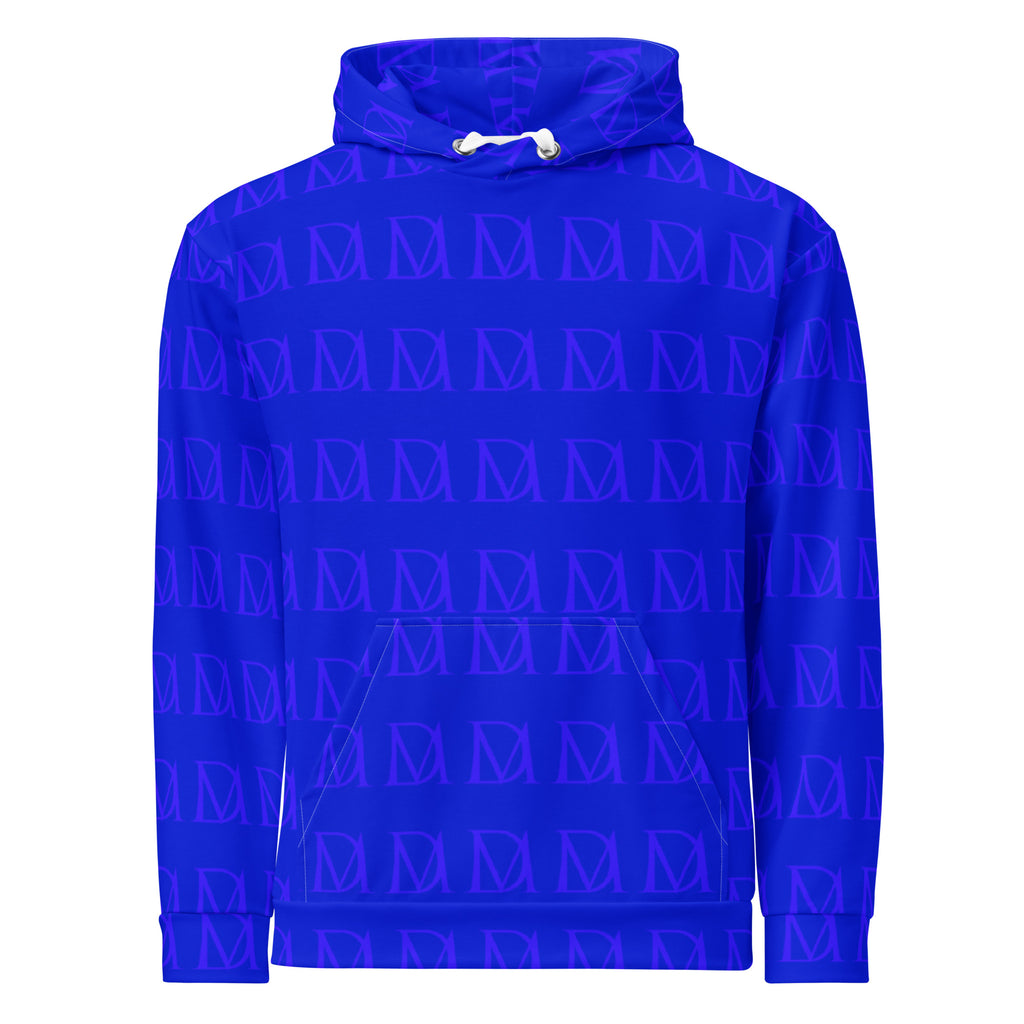 Recycled white unisex hoodie with electric indigo all-over print and hood, by Daemon Luxury.