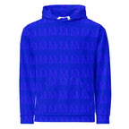 Recycled white unisex hoodie with electric indigo all-over print and hood, by Daemon Luxury.