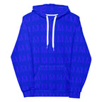 Recycled white unisex hoodie with all-over indigo electrical print by Daemon Luxury, featuring a hood and front design.