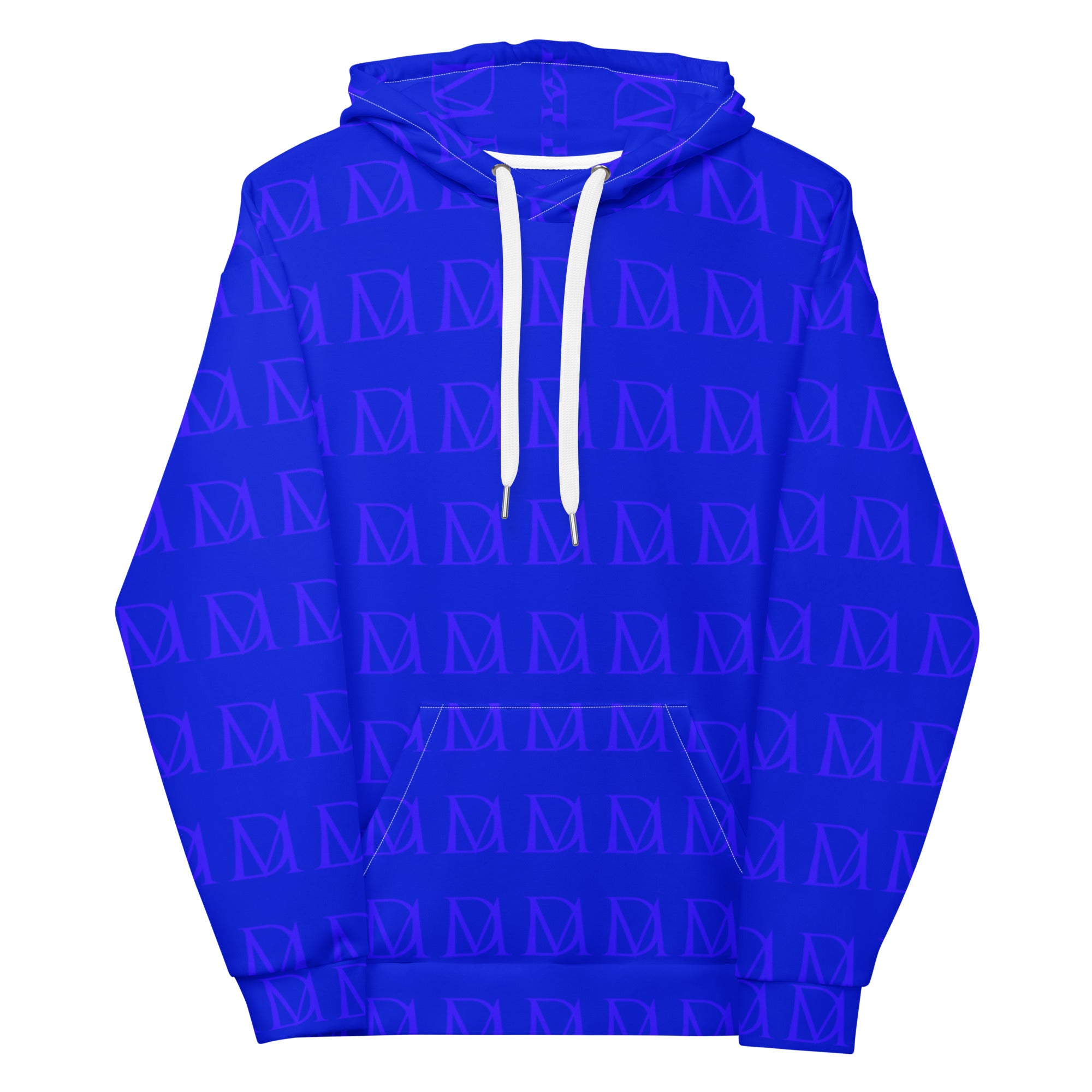 Recycled white unisex hoodie with all-over indigo electrical print by Daemon Luxury, featuring a hood and front design.