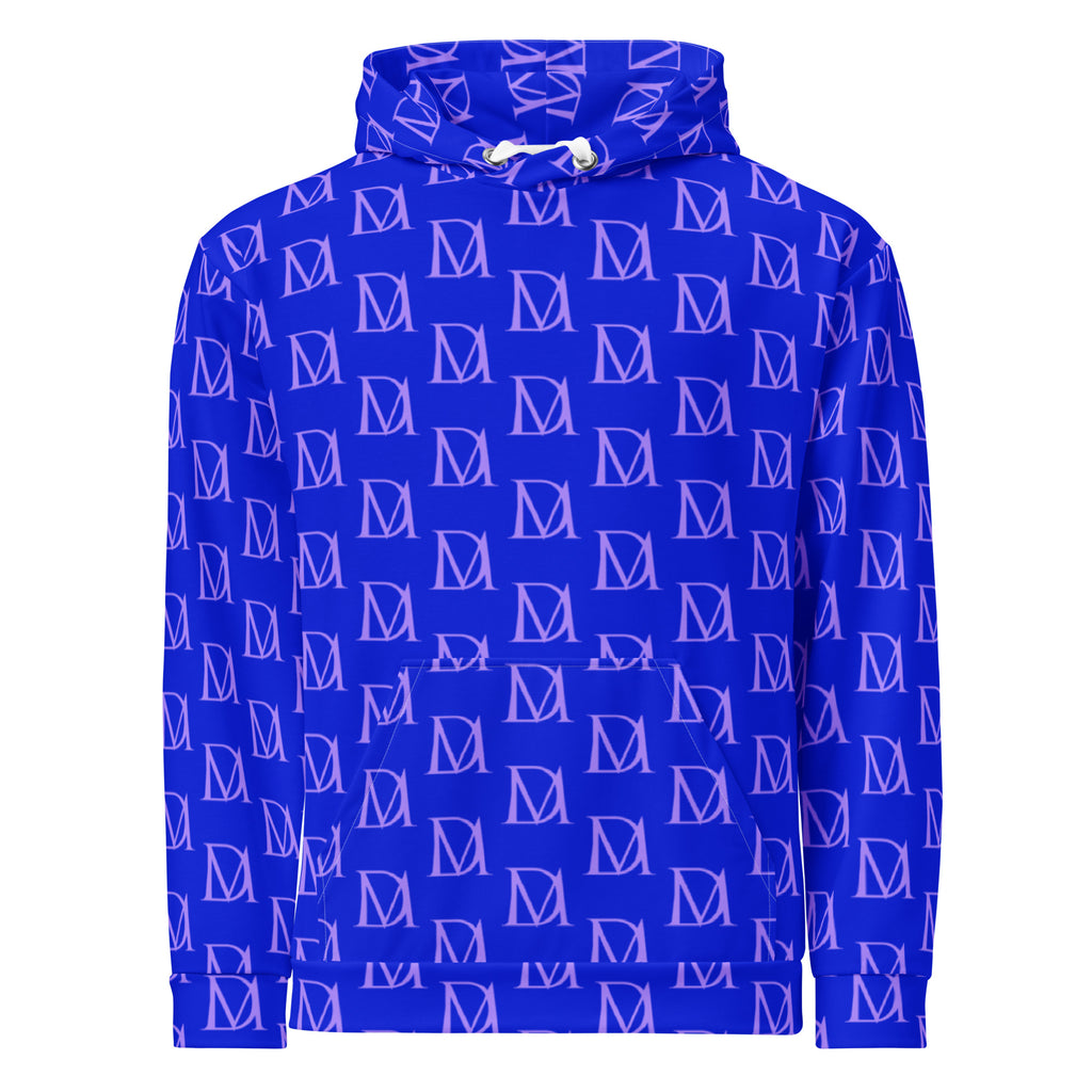 Daemon Luxury ELECTRICA Lilac Relay unisex hoodie with all-over recycled print, white front, casual and eco-friendly design.