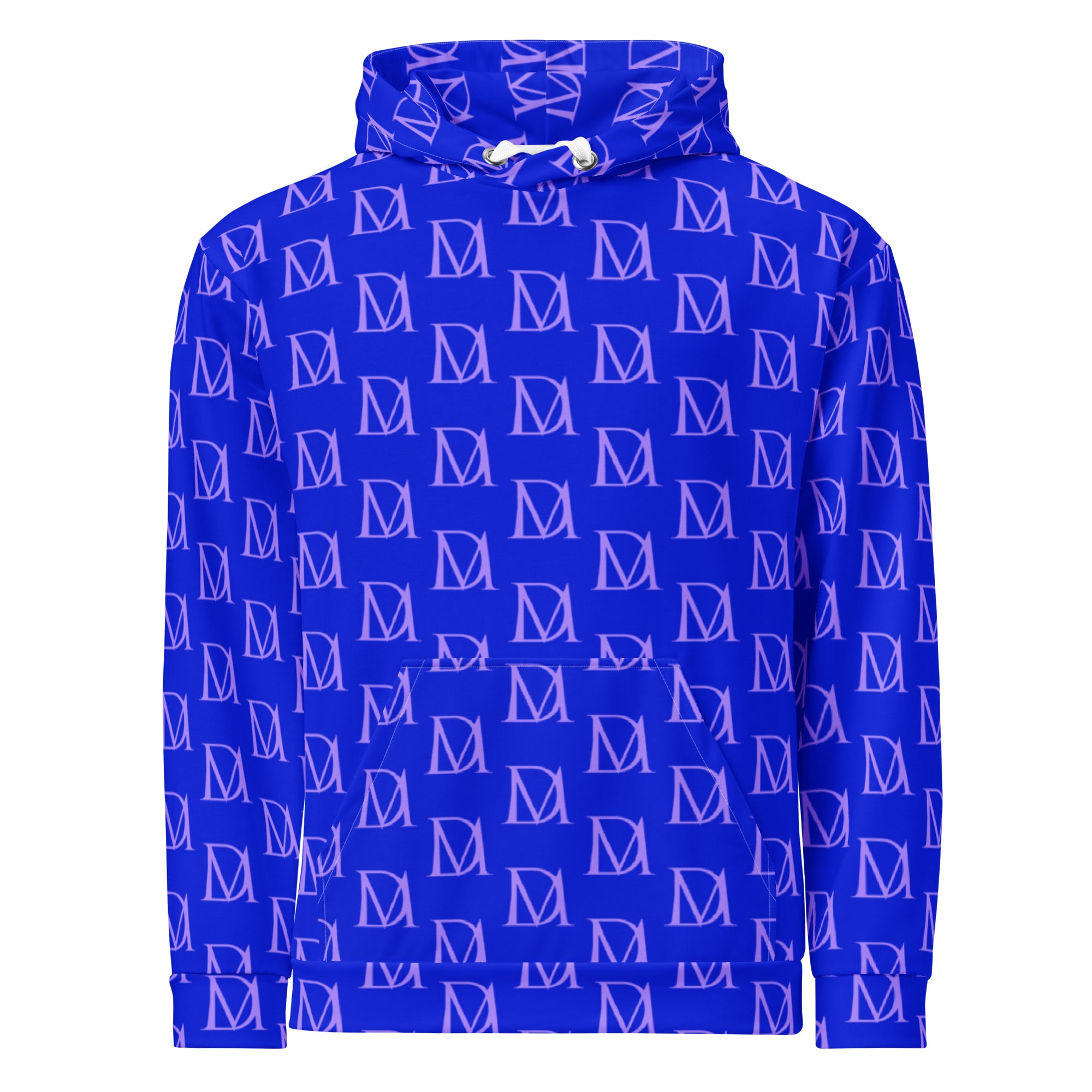 Daemon Luxury ELECTRICA Lilac Relay unisex hoodie with all-over recycled print, white front, casual and eco-friendly design.