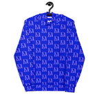Daemon Luxury ELECTRICA Lilac Relay unisex hoodie with all-over recycled print, white fabric, front view.