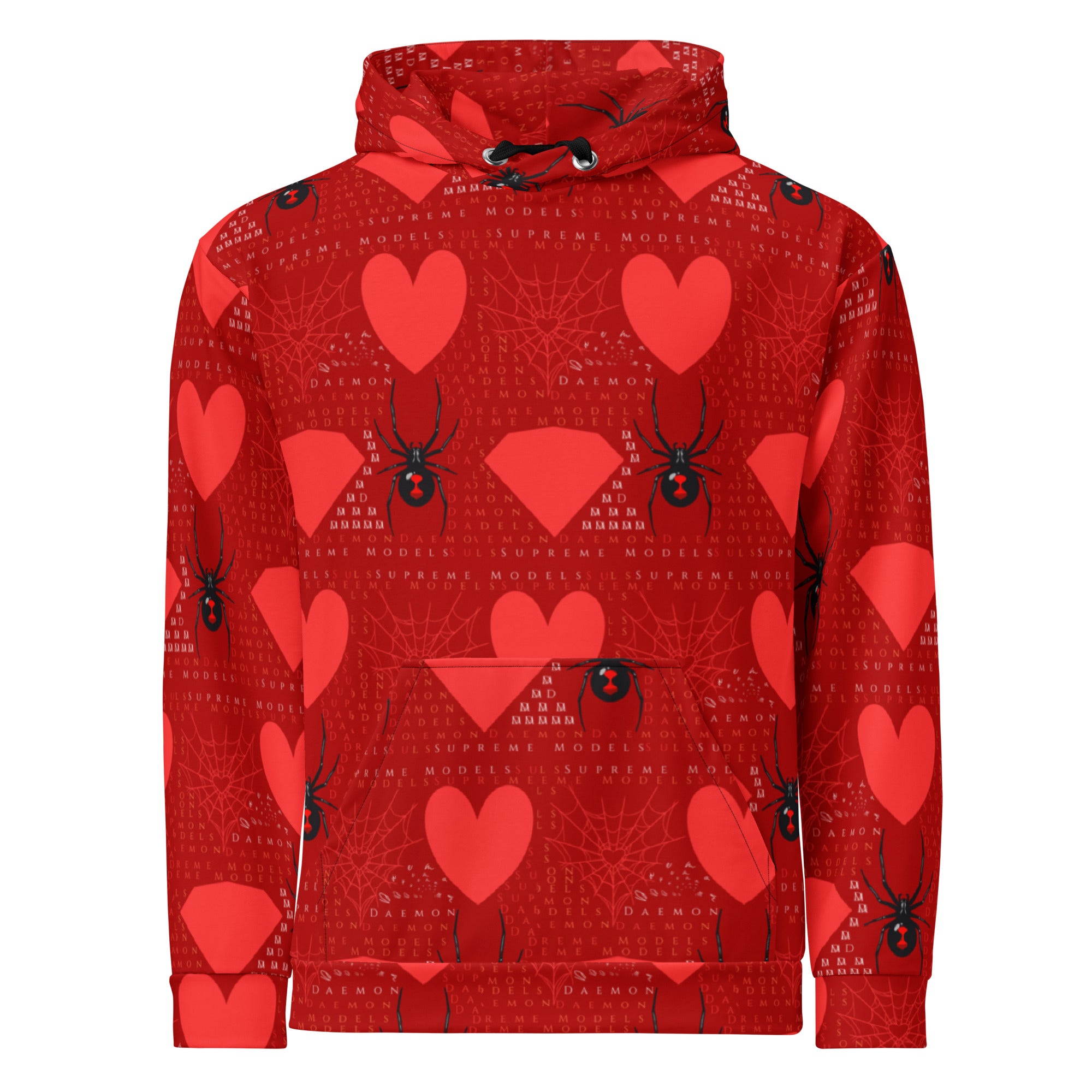 White Daemon Luxury Supreme Models hooded sweatshirt with all-over print featuring foreigners Luv design for unisex wear.