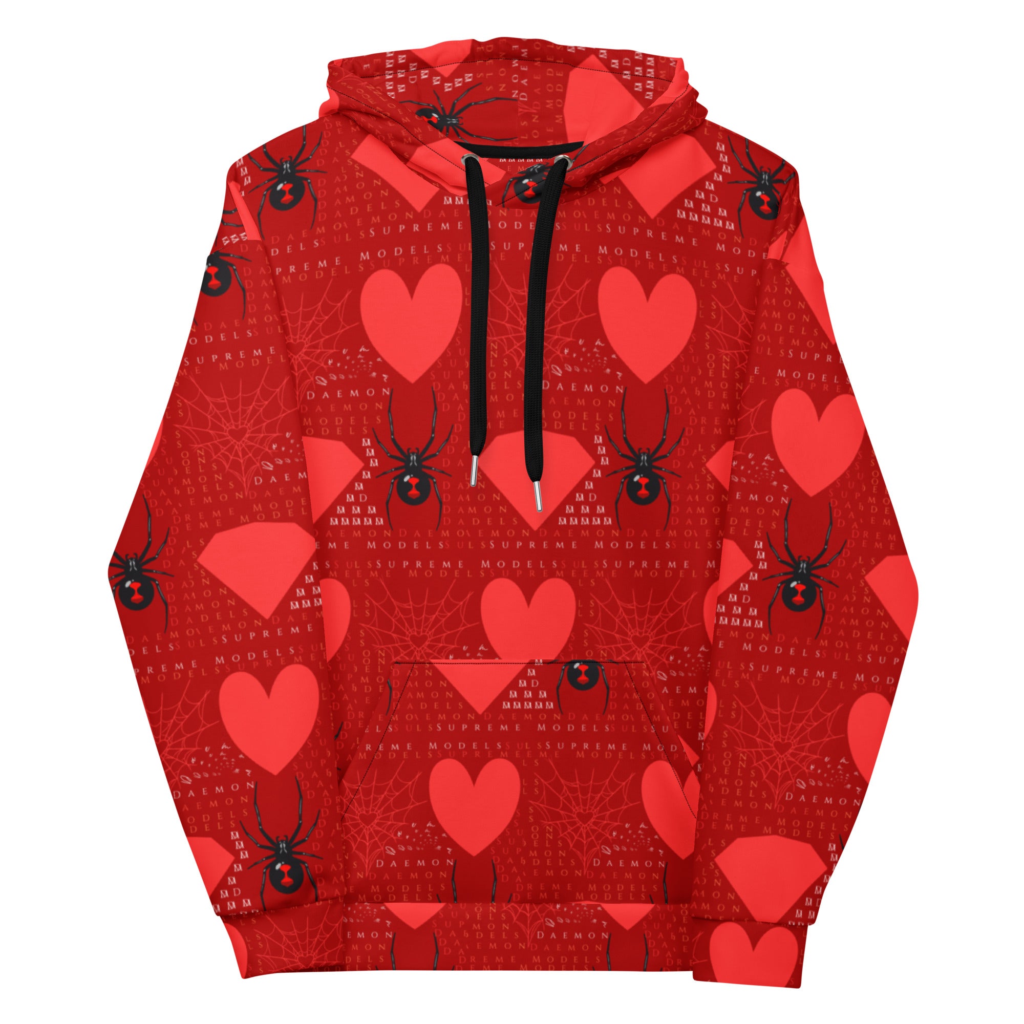 Daemon Luxury Supreme Models (Foreigners Luv) unisex white hoodie with all-over print and recycled fabric, front view.