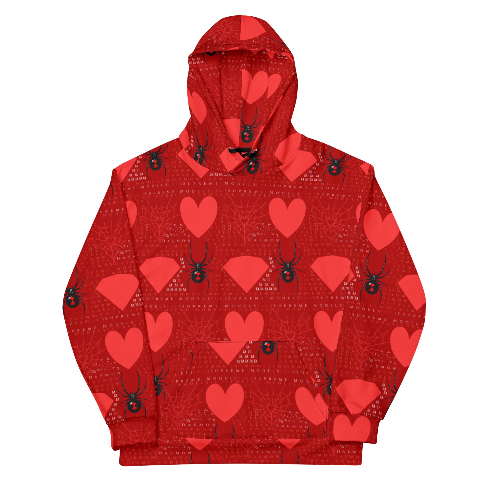 Daemon Luxury Supreme Models "Foreigners Luv" unisex hoodie with all-over print, white recycled fabric and front design.