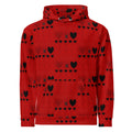 Daemon Luxury Supreme Models More Less Love II unisex white recycled hoodie with all-over print and hood, front view.