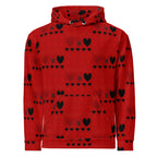 Daemon Luxury Supreme Models More Less Love II unisex white recycled hoodie with all-over print and hood, front view.