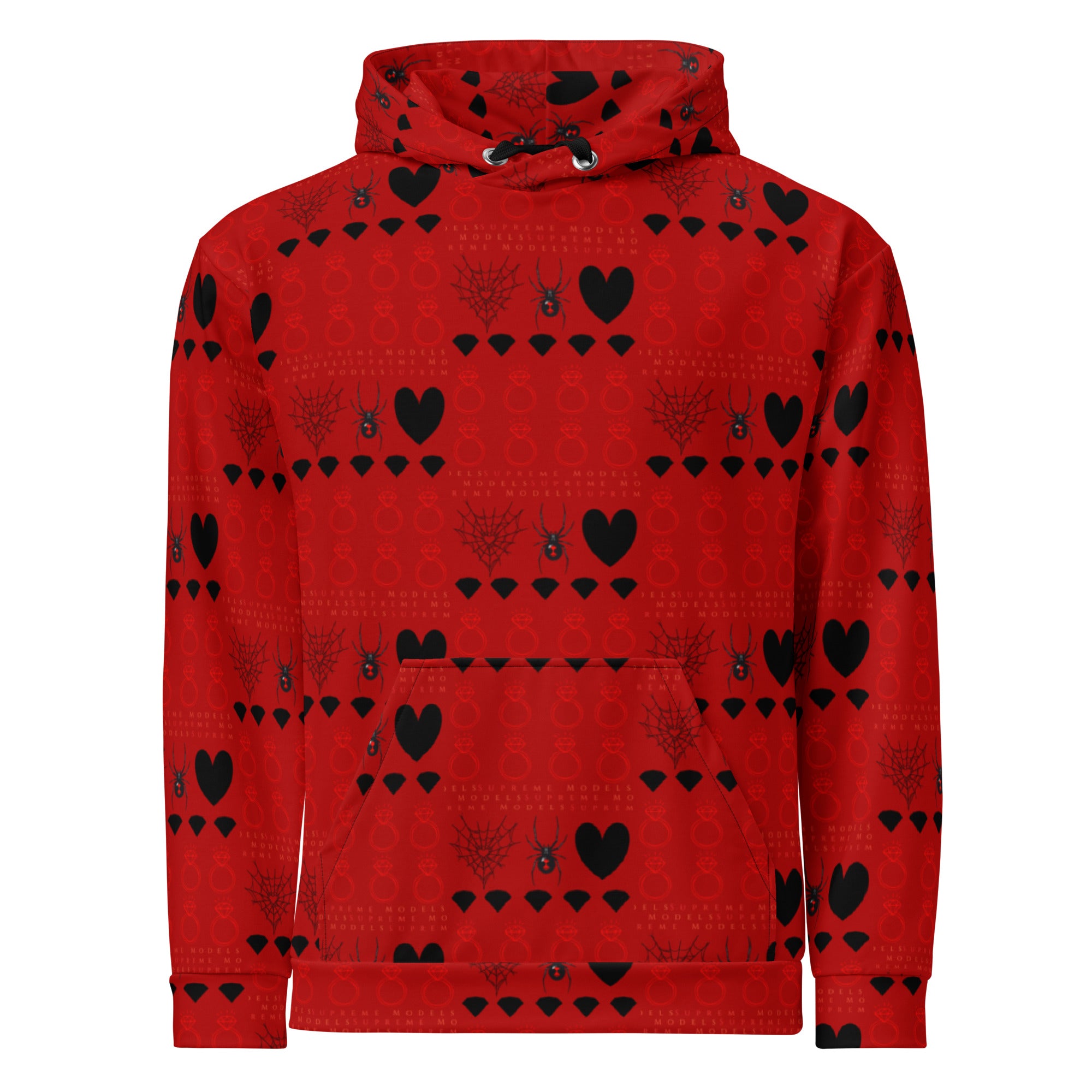Daemon Luxury Supreme Models More Less Love II unisex white recycled hoodie with all-over print and hood, front view.