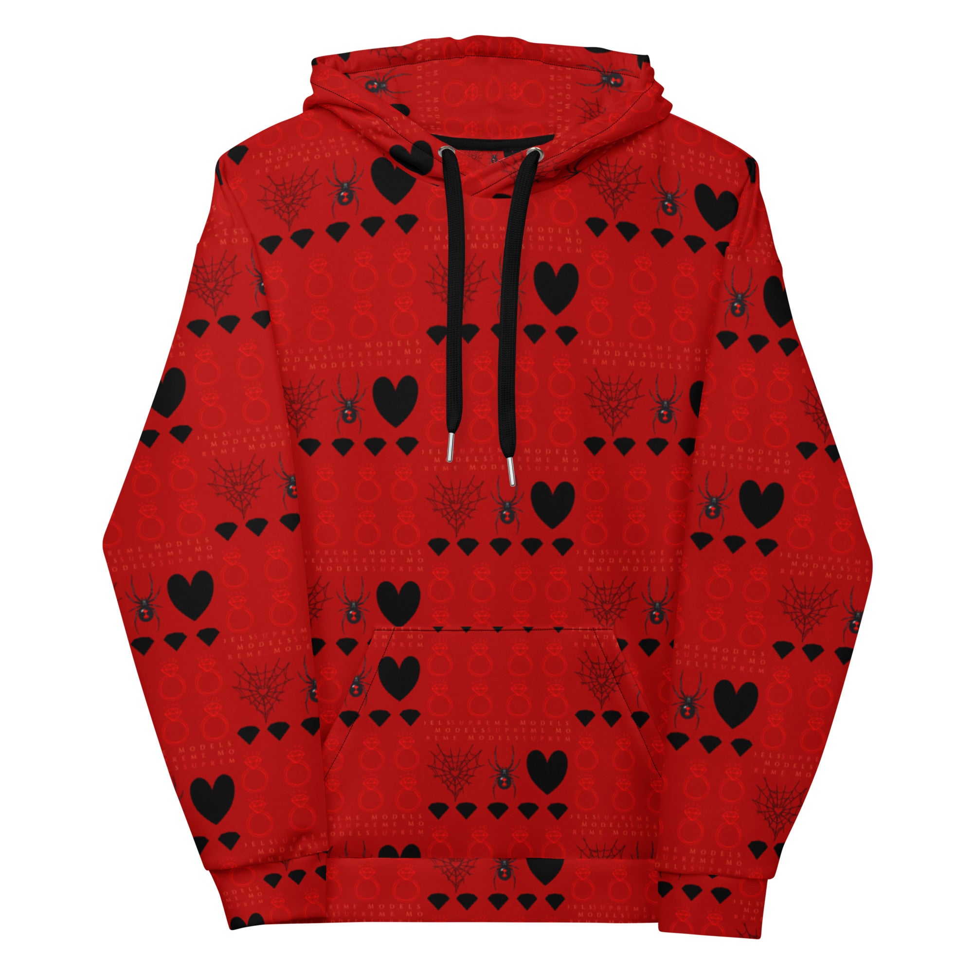 Daemon Luxury SUPREME MODELS (MORE LESS LOVE II) white unisex hoodie with all-over print and recycled fabric.