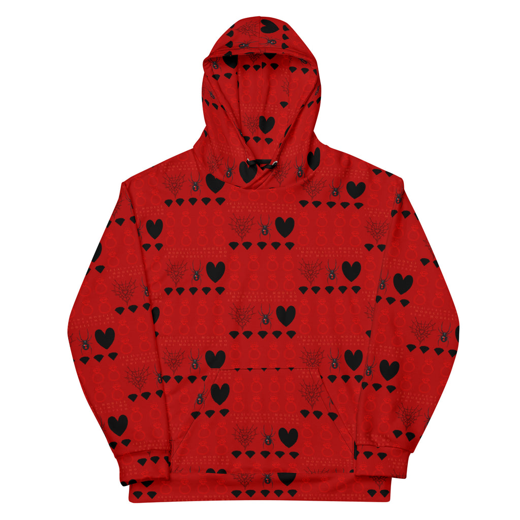 Recycled white unisex hoodie featuring all-over print of Supreme Models More Less Love II by Daemon Luxury, front view.