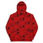 Recycled white unisex hoodie featuring all-over print of Supreme Models More Less Love II by Daemon Luxury, front view.