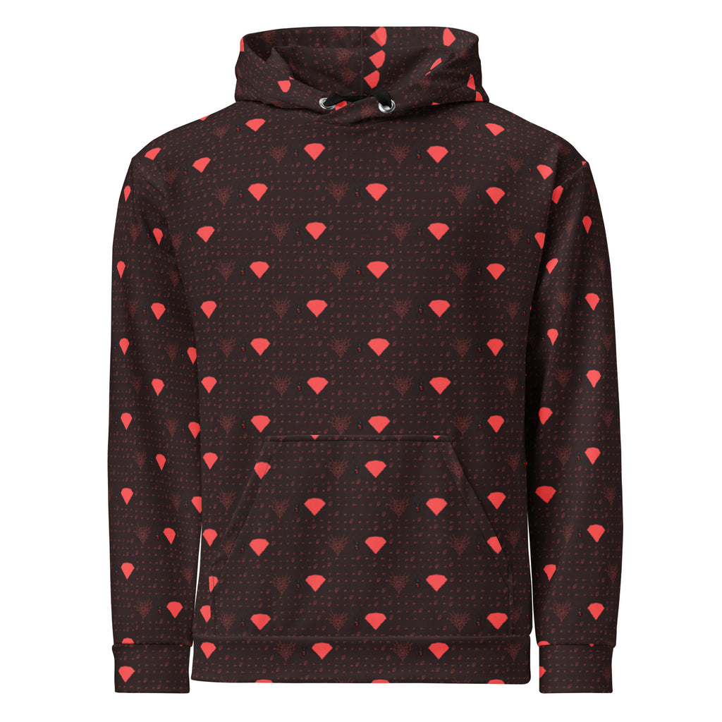 Daemon Luxury Supreme Models Webbi Dainin unisex hoodie with all-over print, white recycled fabric and hood, front view.
