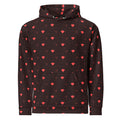 Daemon Luxury Supreme Models Webbi Dainin unisex hoodie with all-over print, white recycled fabric and hood, front view.