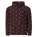 Daemon Luxury Supreme Models Webbi Dainin unisex hoodie with all-over print, white recycled fabric and hood, front view.