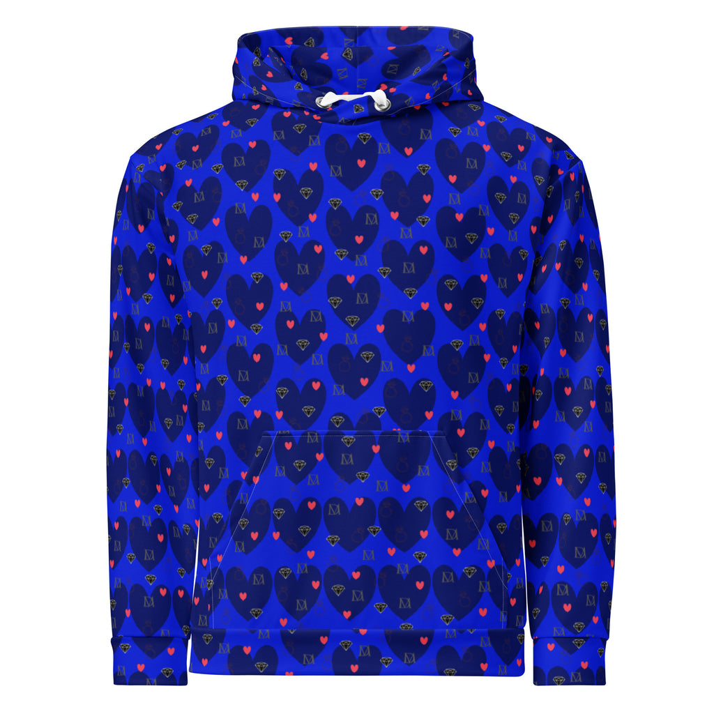 Daemon Luxury Heartfelt Spree electric-colored unisex hoodie with all-over print on white recycled fabric, front view.