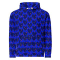Daemon Luxury Heartfelt Spree electric-colored unisex hoodie with all-over print on white recycled fabric, front view.