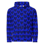 Daemon Luxury Heartfelt Spree electric-colored unisex hoodie with all-over print on white recycled fabric, front view.