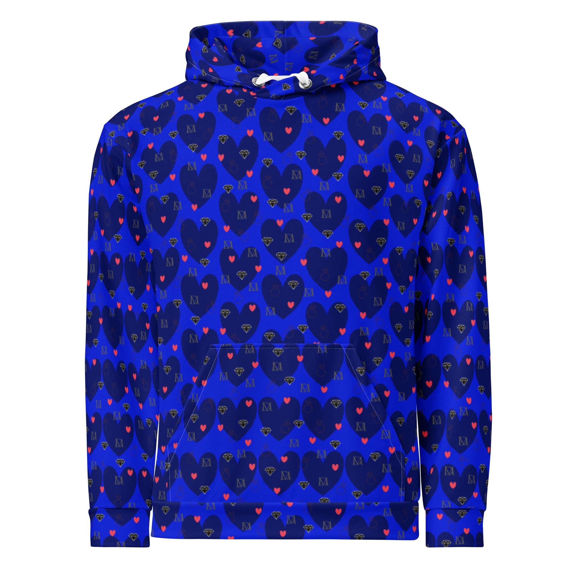 Daemon Luxury Heartfelt Spree electric-colored unisex hoodie with all-over print on white recycled fabric, front view.
