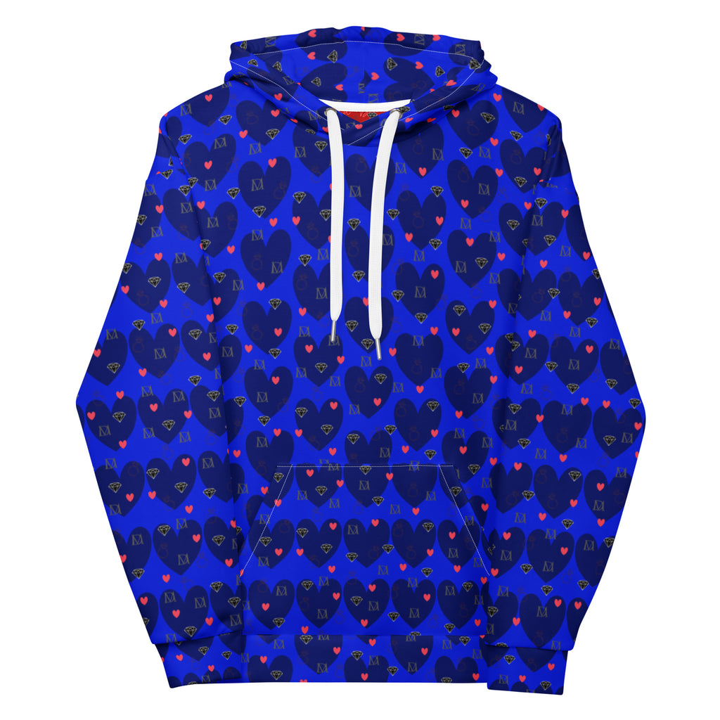 White Daemon Luxury ELECTRICA Heartfelt Spree unisex hoodie with all-over recycled print, front view.