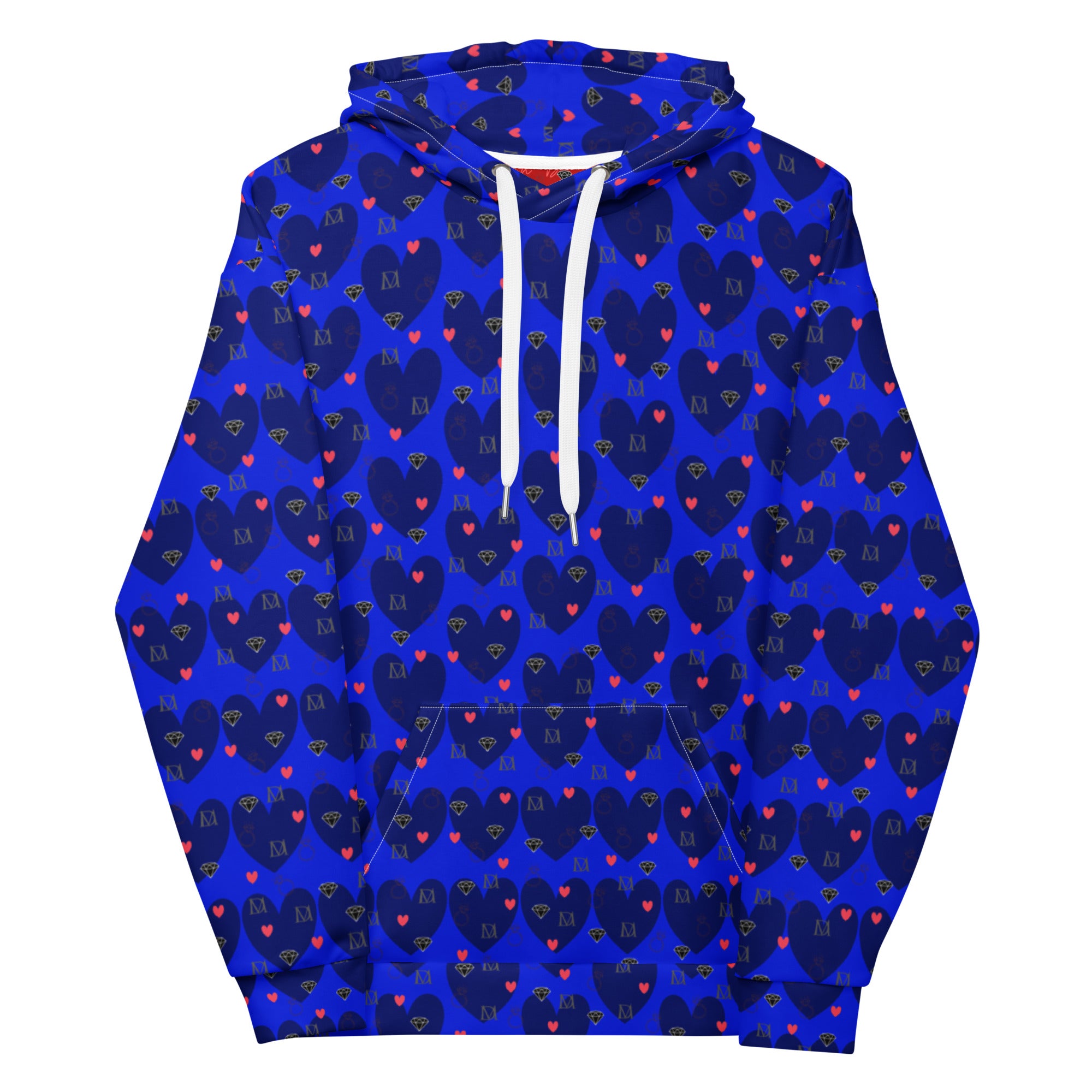 White Daemon Luxury ELECTRICA Heartfelt Spree unisex hoodie with all-over recycled print, front view.