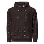 Daemon Luxury Supreme Models Lazey Hazey unisex white hoodie with all-over recycled print and hooded design.